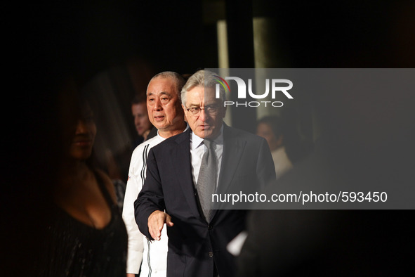 Pasay City, Philippines - Chef Nobu Matsuhisa (L) and actor Robert De Niro (R) arrive during the opening of Nobu Hotel in Pasay City, Philip...