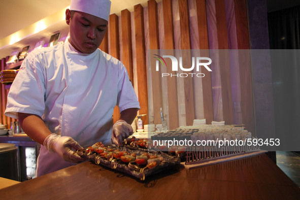 Pasay City, Philippines - Food is displayed during the opening of Nobu Hotel in Pasay City, Philippines on Monday, May 18, 2015. Nubo hotel...