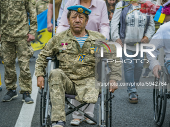 Donbass war veteran in a wheelchair during  the celebrations of the Independence Day in Kiev, Ukraine. (Photo by Celestino Arce/NurPhoto)