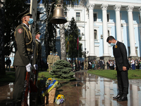 President of Ukraine Volodymr Zelenskyy bows at the Monument of Fallen Heroes during the commemorative ceremony at the territory of Defence...