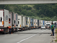 A queue of trucks that reached 10 km was fromed at the Bulgarian check point Kapitan Andreevo on May 20, 2015 (