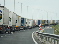 A queue of trucks that reached 10 km was fromed at the Bulgarian check point Kapitan Andreevo on May 20, 2015 (