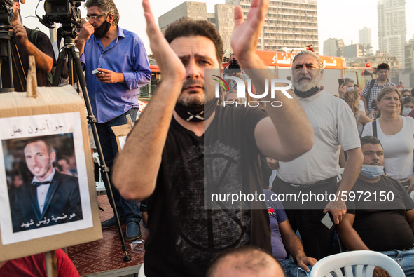 Participants after the memory gathering ceremony, one month after the explosion walk until Martyrs' Square, on September 4, 2020, Beirut, Le...