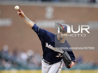 Milwaukee Brewers starter Kyle Lohse delivers a pitch in the third inning of a baseball game against the Detroit Tigers in Detroit, Michigan...
