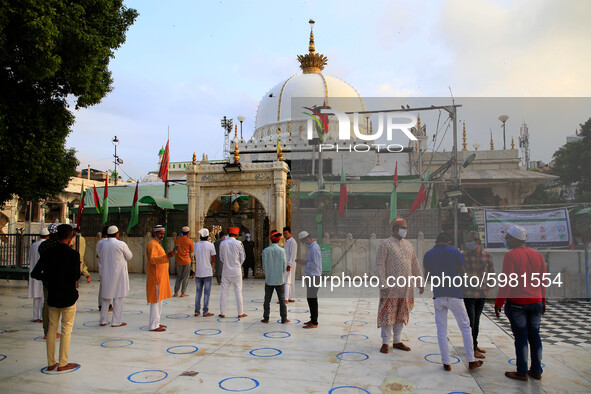 Indian Muslim devotees prays at the Shrine Of Sufi Saint Khwaja Moinuddin Chishti In Ajmer as it has reopened after a six-month closure due...