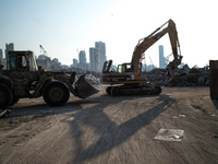 Lebanese army excavators are used to remove  the rubble of the port area in order to reopen as soon as possible, on September 9, 2020 in Bei...