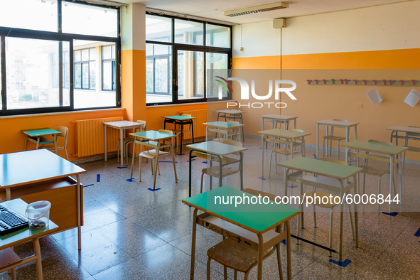 A classroom ready with the spacing and horizontal signage of the desks in the Don Tonino Bello High School in Molfetta on 16th September 202...