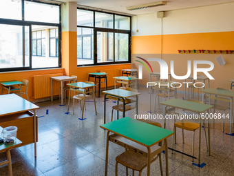 A classroom ready with the spacing and horizontal signage of the desks in the Don Tonino Bello High School in Molfetta on 16th September 202...