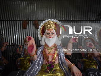 A Portrait of the Hindu God Vishwakarma, which is being transported to the different parts of Kathmandu Valley to worship at Lalitpur, Nepal...
