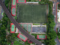 This Aerial Photograph showing closed tennis courts, basketball courts and football court on September 19, 2020 in Hong Kong, China.  (
