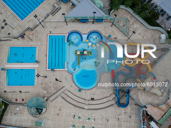 This Aerial Photograph showing a swimming pool on September 19, 2020 in Hong Kong, China.  (