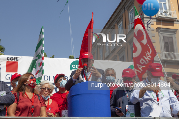 The secretary of the Cgil Maurizio Landini speaks during the demonstration of Trade Unions CGIL, CISL And UIL In Naples, Italy, on September...
