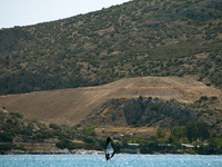 A windsurfer during a lesson at Anavyssos beach. In Athens, Greece, on September 20, 2020. (
