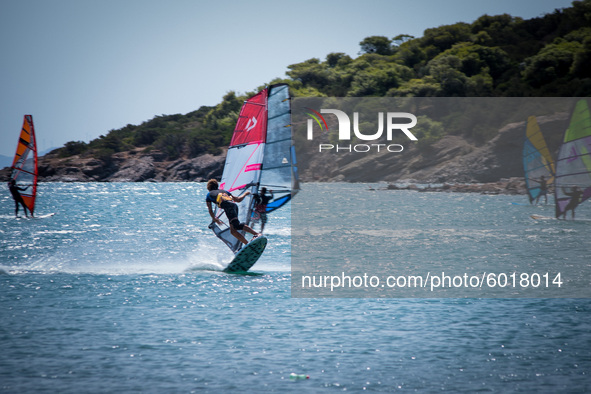A windsurfers team at the beach of Anavyssos. In Athens, Greece, on September 20, 2020. 