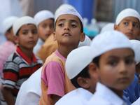 Muslim Kids taken wearing skull caps take part in Annual Conference amid COVID-19 (coronavirus) Pandemic Held at Jamia Islamia Quran in Sopo...