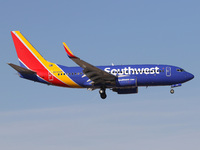   Southwest Airlines Boeing 737 lands at McCarran International Airport, Las Vegas, US on 14th January 2020. (