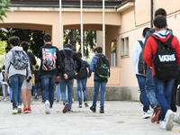 Students of the Liceo Scientfico of Rieti, Italy on 24 September 2020 at the entrance. Reopening for schools that have postponed the start o...