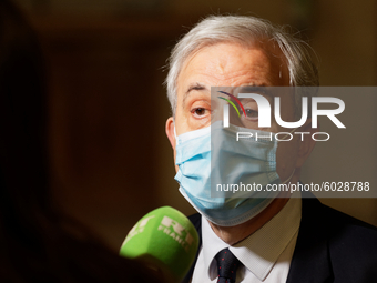 French Senator Roger Karoutchi leaves the hearing of French Minister of Health Olivier Veran at commission of inquiry on the Coronavirus 'Co...