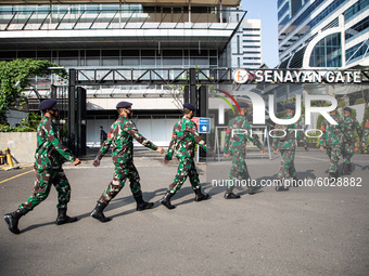 Millitary Personnel after guard sudirman street in implementing diciplin of partial lockdown on 24 September 2020. Jakarta's return to stric...