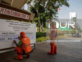 Workers with coffin sign at Sudirman Street update number of case from corona virus infection in Jakarta that keep increasing although the p...