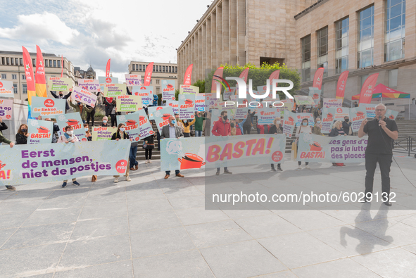 The Belgian Marxist political party PVDA - PTB protest in Brussels, Belgium on 24 September 2020. President of the party Peter Mertens gives...