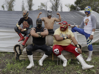 Members of Chinampaluchas, pose in an armchair during a wrestling function in chinampa of Lake Xochimilco in the face of the health emergenc...