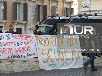 Students and trade unions of the capital took to Piazza Montecitorio in Rome, Italy, on September 25, 2020 to contest the reopening of schoo...