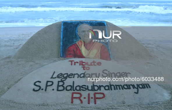 Sand artist Sudarsan Pattnaik has created a sand sculpture of legendary singer Padma Shri S.P Balasubramanyam to pay tribute at Bay of Benga...