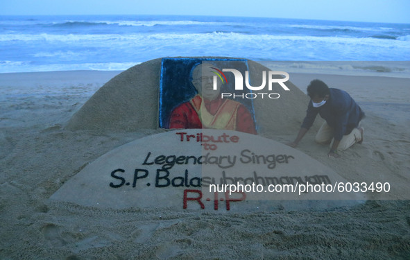 Sand artist Sudarsan Pattnaik has created a sand sculpture of legendary singer Padma Shri S.P Balasubramanyam to pay tribute at Bay of Benga...