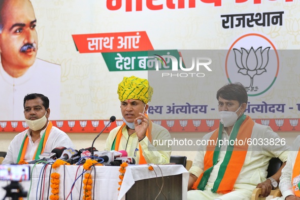 Union Minister of State for Agriculture and Farmers Welfare Kailash Choudhary addresses a press conference on farm bills in Jaipur, Rajastha...