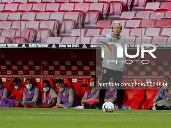 Benfica's head coach Jorge Jesus gestures during the Portuguese League football match between SL Benfica and Moreirense FC at the Luz stadiu...