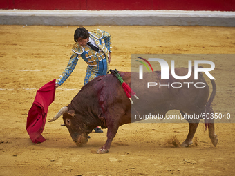 Spanish bullfighter Curro Diaz performs a pass with 'capote' on a bull during the Virgen de las Angustias Bullfighting Festival at the Monum...