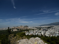 Views to Athens and the acropolis of Athens from the Philopappos Hill in Athens on May, 23(