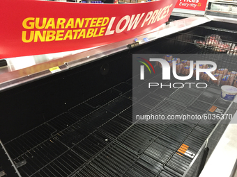 Empty meat freezer at a grocery store as panic buying resumes ahead of the second wave of the novel coronavirus (COVID-19) outbreak in Toron...