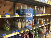 Shelves containing soap begin to empty at grocery stores and pharmacies as panic buying resumes ahead of the second wave of the novel corona...