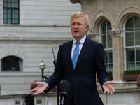  Secretary of State for Digital, Culture, Media and Sport Oliver Dowden speaks to the media outside the BBC Broadcasting House in central Lo...