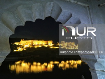 Historic Amer Fort illuminated on the occasion of World Tourism Day, in Jaipur, Rajasthan, India, on September 27, 2020. (