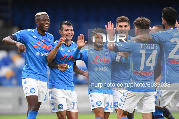 Hirving Lozano of SSC Napoli celebrates with team mates during the Serie A match between SSC Napoli and Genoa CFC at Stadio San Paolo Naples...