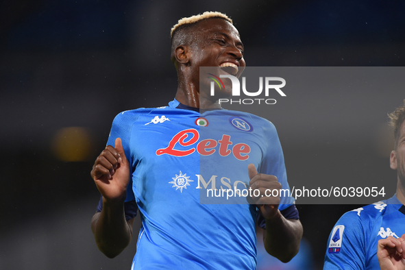 Victor Osimhen of SSC Napoli celebrates during the Serie A match between SSC Napoli and Genoa CFC at Stadio San Paolo Naples Italy on 27 Sep...