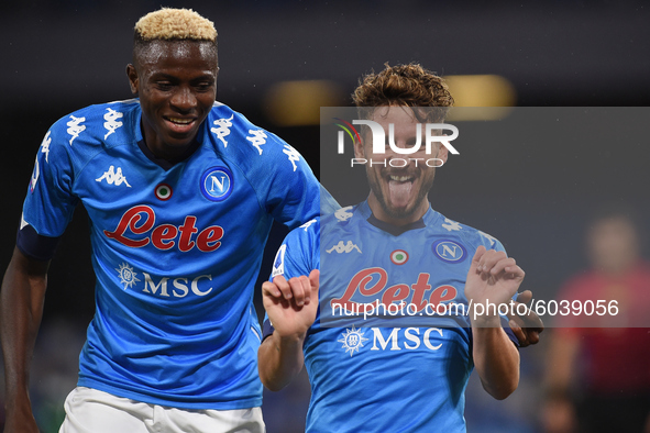 Dries Mertens of SSC Napoli celebrates after scoring with Victor Osimhen of SSC Napoli during the Serie A match between SSC Napoli and Genoa...