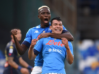 Hirving Lozano of SSC Napoli celebrates after scoring with Victor Osimhen of SSC Napoli during the Serie A match between SSC Napoli and Geno...