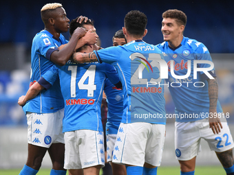 Hirving Lozano of SSC Napoli celebrates with team mates during the Serie A match between SSC Napoli and Genoa CFC at Stadio San Paolo Naples...