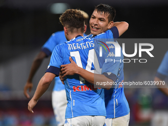Dries Mertens and Hirving Lozano of SSC Napoli celebrates after scoring during the Serie A match between SSC Napoli and Genoa CFC at Stadio...