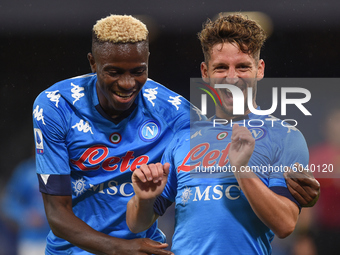 Dries Mertens of SSC Napoli and Victor Osimhen of SSC Napoli celebrates after scoring during the Serie A match between SSC Napoli and Genoa...