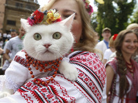 Ukrainians dressed in vyshyvankas with traditional embroideries attend the 'March in vyshyvankas' in downtown Kiev, Ukraine, 24 May 2015. Vy...
