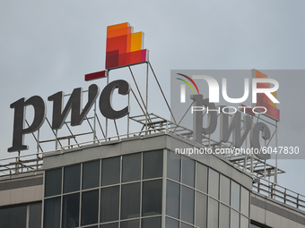 Logo of PricewaterhouseCoopers (PWC) seen in Sofia city center. 
On Wednesday, September 30, 2020, in Sofia, Bulgaria. (