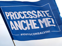 A Lega Party  flag is seen during the interview between Matteo Salvini (not in pitture) with the journalist Maria Giovanna Maglie (not in pi...