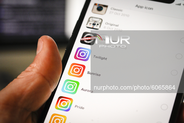 Different versions of the Instagram app icon are seen in the Instagram app on an iPhone in this photo illustration taken in Warsaw, Poland o...