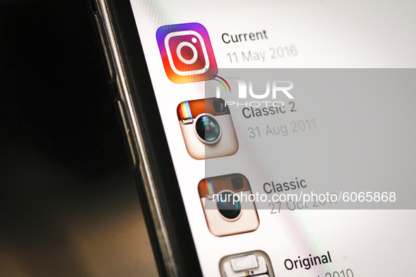 Different versions of the Instagram app icon are seen in the Instagram app on an iPhone in this photo illustration taken in Warsaw, Poland o...