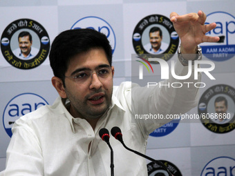 Aam Aadmi Party (AAP) MLA and National spokesperson Raghav Chadha during a press conference in New Delhi on October 8, 2020.  He also said t...